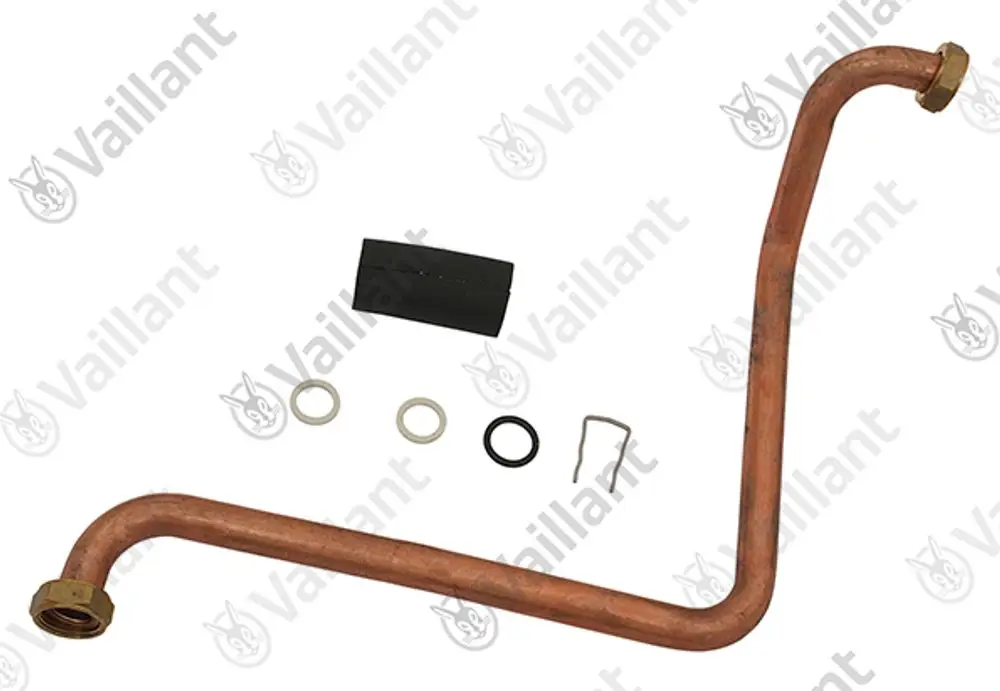 Vaillant Heizungsrohr aus Kupfer, gebogen mit verschiedenen Dichtungsringen und Befestigungselementen. Teile zur Installation oder Reparatur in einem Heizsystem.